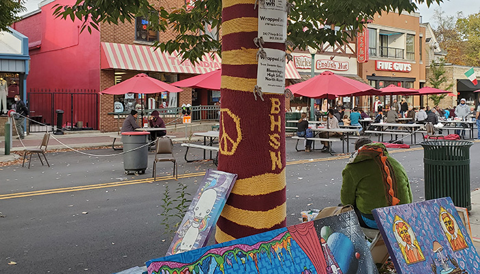 tree decorated with yarn